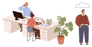 Çalışma masalarında çalışan çalışanlar ve bir kişinin kenara çekildiği bir ofis. Bilgisayarlar, bitkiler, kitaplar ve sohbet içerir. Takım çalışması, üretkenlik, profesyonellik ve iletişim için ideal