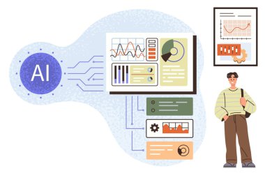 Devrelere bağlı yapay zeka gösterge panelleri, grafikler ve analizler. Genç erkek veri içgörüleri üzerinde çalışıyor. İş, teknoloji, eğitim, yenilik, araştırma sunumu için ideal