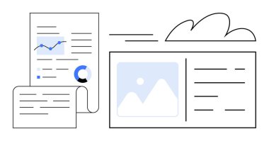 Grafikler, metin kağıtları, görsel çizelgeler ve bulut simgesiyle analitik rapor. İş raporları, analitik, dijital belgeler, iş akışı, veri yönetimi çevrimiçi basit düz depolama metaforu için ideal