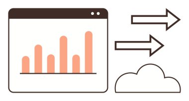 Bir web tarayıcısında veri yükleme ya da indirme anlamına gelen okları bir bulutu gösteren çubuk çizelgesi. Teknoloji, bulut hesaplama, analitik, depolama, yenilik, iş ve veri transferi için ideal