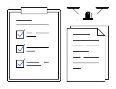 Görev listesi, yasal evraklar ve pullarla dolu bir pano. Üretkenlik, organizasyon, adalet, yasal hizmetler, anlaşmalar, hukuk eşitliği için idealdir. Basit düz metafor