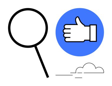 Araştırma, analiz, onay, pozitiflik, verimlilik, karar verme ve keşfi temsil eden bulut aksanlı büyüteç ve onay simgesi. Markalaşma ya da basit iniş sayfası için ideal