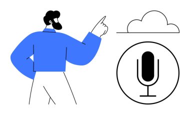 Mikrofon ikonuyla bir bulut şeklini işaret eden bir adam, ses girişini, bulut depolamasını, dijital iletişimi, sanal yardımı ve modern teknolojik çözümleri sembolize ediyor. Teknoloji kavramları için ideal