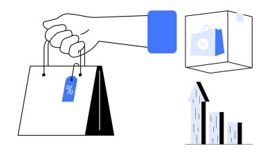 İndirim etiketli el çantası, ürün taslaklı küp ve yukarı doğru oklu bar çizelgesi. Perakende, e-ticaret, satış, indirimler, pazarlama, büyüme sade iniş sayfası için ideal