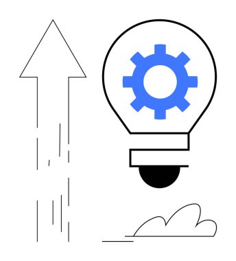 Vitesli ampul yaratıcılığı ve problem çözmeyi temsil ediyor. Yükselen ok büyümeyi ve ilerlemeyi simgeler. Yenilik, teknoloji, kalkınma, üretkenlik, eğitim, hedefler, strateji için ideal