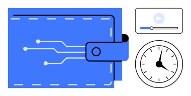 Devre çizgileri olan mavi cüzdan, oyun ikonlu playback bar ve dijital ekonomiyi, zaman yönetimini ve teknolojiyi vurgulayan saat. Teknoloji, finans, zaman tasarrufu, yenilik ve verimlilik için ideal