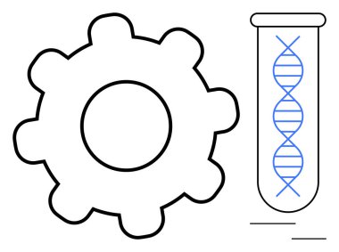 Test tüpünün yanında DNA ipliği teknolojinin ve biyolojinin kesiştiği noktayı vurgular. Biyoteknoloji, yenilik, araştırma, biyomühendislik, genetik, sağlık ve bilim için ideal. Basit düz metafor