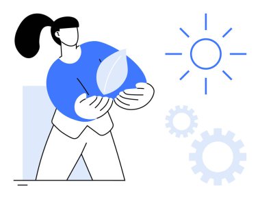 Yaprak tutan kadın, güneş ışınları ve dişliler sürdürülebilirliği, yenilenebilir enerjiyi ve yeniliği simgeliyor. Çevresel farkındalık, yeşil enerji, takım çalışması, yenilenebilir kaynaklar, eko-yenilik için ideal