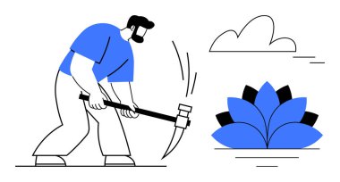 Çiçek ve bulut açan bir yerde çapa kullanan bir adam. Bahçıvanlık, sıkı çalışma, büyüme, doğa, tarım, çaba ve adanmışlık için idealdir. Basit bir düz metafor.