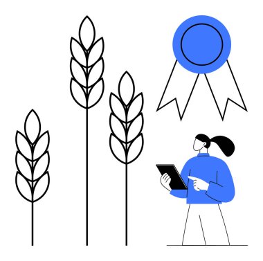 Uzun mahsul bitkilerinin yanında tablet ve kaliteli sertifika rozeti kullanan kadın bir profesyonel. Tarım, tarım, sürdürülebilirlik, kalite güvencesi, teknoloji, çevre dostu uygulamalar için ideal