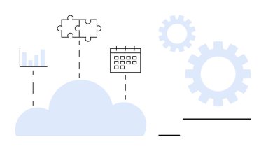 Bulut birleştirme çizelgesi, bulmaca parçaları, takvim ve noktalı çizgilerle donanım sembolleri. Takım çalışması, bulut hesaplama, veri analizi, proje yönetimi, iş akışı stratejisi yeniliği için ideal
