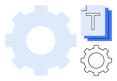 İşlem otomasyonu, içerik yönetimi, optimizasyon ve sistem entegrasyonunu temsil eden metin belgelerinin yanında vites sembolü. Teknoloji, iş akışı, üretkenlik, otomasyon, verimlilik için ideal