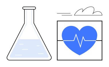 Kalp atışı monitörünün yanında sıvı dolu bulut motifli bir laboratuvar şişesi. Tıp, araştırma, sağlık, teknoloji, biyoloji, yenilik ve refah için ideal. Basit bir düz metafor.