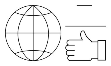 Boylam-enlem çizgileri, baş parmaklar yukarı el hareketi ve yatay çizgileri olan bir dünya. Küresel iletişim, takım çalışması, onay, bağlantı, dijital varlık, sosyal medya sade iniş için ideal