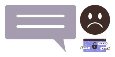 Üzgün yüz, şifreli cüzdan ve güvenlik ihlali ve hüsran içeren mesaj baloncuğu. Siber güvenlik, şifre koruması, veri güvenliği, çevrimiçi dolandırıcılık, dijital