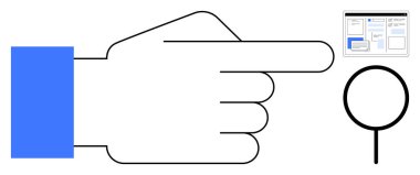 Mavi kollu el büyüteç ve web sayfası düzenini gösteriyor. Rehberlik, arama, yön, odaklanma, keşif, dijital navigasyon için ideal. Basit düz metafor