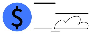 Bulut ve soyut çizgilerin yanında büyük mavi dolar işareti, finans, büyüme ve yenilik görselleştiriyor. Teknoloji, bulut hesaplama, fintech, tasarruf ödemeleri yatırım bankacılığı için idealdir. Basit düz