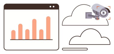 Tarayıcı penceresinde bar çizelgesi, bulut grafikleri içinde güvenlik kamerası. Güvenlik, izleme, veri analizi, gizlilik, teknoloji, siber güvenlik temaları için ideal. Basit düz metafor