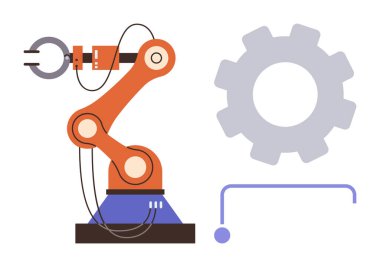 Robot kol büyük bir dişli ve minimum tasarım elementinin yanında hareket halinde. Otomasyon, imalat, mühendislik, yapay zeka, robot bilimi, yenilik ve gelecekteki teknoloji için ideal. Basit düz metafor