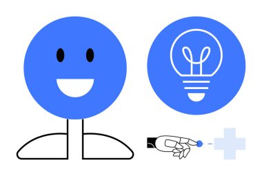 Gülümseyen insan ikonu, bir fikri temsil eden ampul, sağlık sembolüne robot el yerleştirme elementi. Yenilik, teknoloji, sağlık hizmetleri, yapay zeka, yaratıcılık, fikirler için ideal