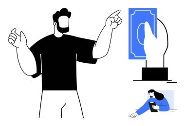 Adam para sembolüne doğru el ele tutuşuyor, kadın tablet üzerinde çalışıyor. Finans, bütçe, bankacılık, yatırım, çevrimiçi ödeme, dijital ekonomi sade iniş sayfası için ideal