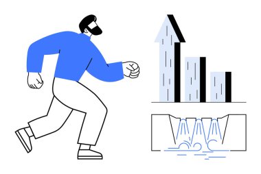 Yukarı doğru koşan adam büyümeyi, enerjiyi ve başarıyı simgeliyor. Altındaki su akışı dinamik süreçleri gösteriyor. İş için ideal, ilerleme, hırs, strateji, motivasyon hedefi