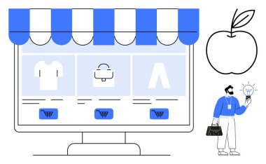 E-ticaret ekranı, giysi simgeleri, el arabası düğmeleri, çizgili tenteler. Ampul ve çanta tutan adam, elma çizgisi. Çevrimiçi perakende satış, yenilik, yaratıcılık, teknoloji ve modern iş için ideal