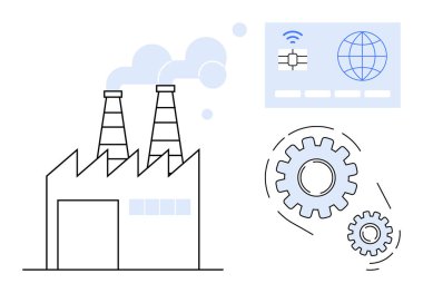Tütsülenmiş bacaları, hareket halindeki dişlileri ve kablosuz ve küresel ikon ile dijital arayüzü olan bir fabrika. Teknoloji, imalat, IoT, yenilikçi otomasyon sektörü 4.0 bağlantı için idealdir. Basit.