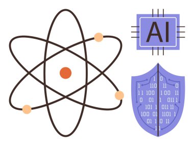 Bilimi temsil eden atom yapısı yapay zekayı sembolize eden yapay zeka çipi ve siber güvenlik için ikili kodlu kalkan. Bilim, araştırma, teknoloji, yenilik, yapay zeka, veri için ideal