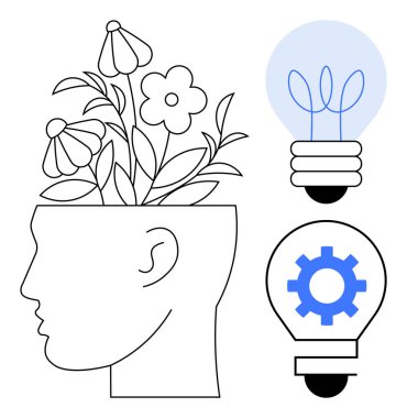 Çiçek yetiştiren bir insan kafası, parlayan bir ampul ve bir ampulün içindeki dişli. Yaratıcılık, yenilik, gelişme, öğrenme, fikirler zihinsel sağlık için idealdir. Basit düz metafor
