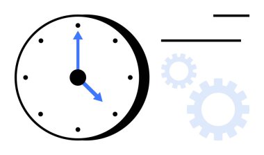 Mavi elli analog saat, açık mavi dişliler ve düz çizgiler eşliğinde. Üretkenlik, zaman planlaması, proje zamanlaması, çalışma verimliliği, görev öncelikleri, süreler, takım çalışması için ideal