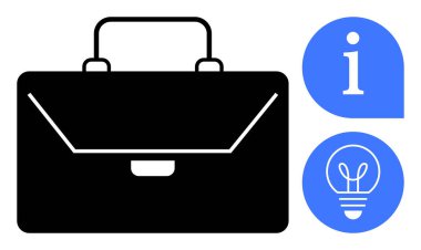 Siyahi profesyonel evrak çantası, mavi bilgi ikonu ve ampul iş, bilgi, yaratıcılık, yenilik, iş, çözüm eğitimini sembolize ediyor. Ticari marka stratejisi içeriği için ideal