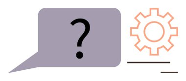 Dişli ve minimum çizgilerin yanında cesur soru işareti olan konuşma balonu. Problem çözme, iletişim, teknoloji, sorun çözme, yenilik, takım çalışması, işbirliği, basit düz alan