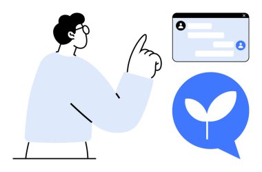 Çevre dostu iletişimi belirten bir yaprak konuşma baloncuğunun yanında sohbet arayüzü ile etkileşimde olan kişi. Çevre teknolojisi, sürdürülebilirlik, takım çalışması, kullanıcı etkileşimi için ideal