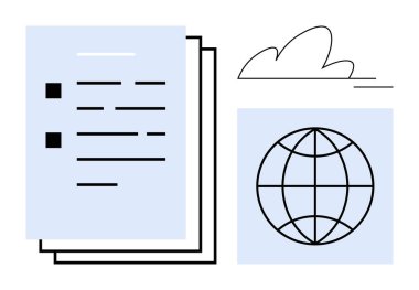 Belgeler bir dünya ikonu ve bir asgari bulut simgesinin yanına istiflenmiş. Küresel erişim, dijital depolama, kağıtsız iş akışı, teknoloji çözümleri, İnternet hizmetleri, çevre bilinci için ideal
