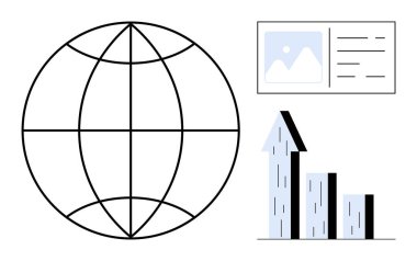 Küre ızgarası, yukarı doğru çubuk grafiği ve sadeleştirilmiş dijital arayüz. Küresel eğilimler, istatistikler, teknoloji, ilerleme, iş analizleri, ekonomik büyüme için ideal basit iniş sayfası