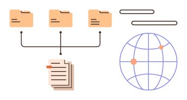 Bağlı dosya dizinleri, belge yığını ve veri yönetimi, organizasyon ve paylaşımı gösteren noktalı küresel şebeke. Teknoloji, ağ oluşturma, verimlilik, iletişim iş akışı depolama için ideal