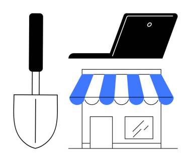 Bahçıvanlık malası, açık dizüstü bilgisayar ve bahçe işleri, e-ticaret ve yerel perakendeciliği temsil eden çizgili tente ile mağaza cephesi. İş, bahçıvanlık, dijital araçlar, girişimcilik hibrit modelleri için ideal