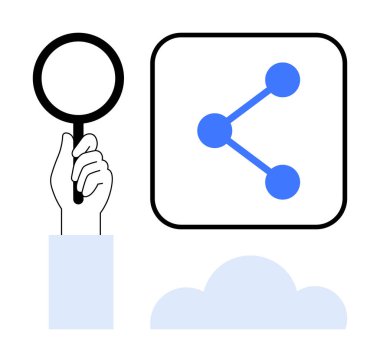 El ele tutuşan büyüteç, bağlı düğümlerle, aşağıda bulut elementi olan paylaşım simgesinin yanında. İşbirliği için ideal, arama, bağlantı, teknoloji, yenilik, paylaşım, basit iniş sayfası