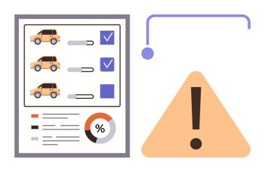 Bir uyarı üçgeninin yanında araç simgeleri, seçim kutuları ve pasta grafiği ile araç karşılaştırma listesi. Risk analizi, karar verme, güvenlik değerlendirmesi, planlama, yönetim otomatiği için ideal