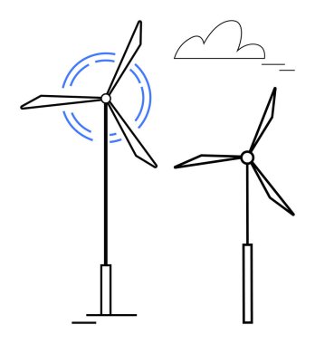 Pürüzsüz çizgisel dizaynlı iki rüzgar türbini bir bulutun altında dönüyor. Yenilenebilir enerji, sürdürülebilirlik, minimalizm, temiz güç, yenilik, çevre, basit düz metafor için ideal