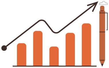 Büyümeyi simgeleyen yükselen ok, planlama için kalem ve yenilik için bulut içeren turuncu çubuk grafiği. İş stratejileri için ideal, hedef başarı, üretkenlik, yükselen eğilimler, mali hedefler