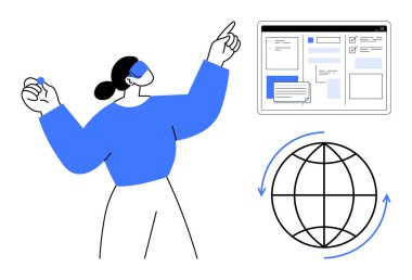 Uluslararası bağlantıyı vurgulayan küresel simge ile web arayüzünü gösteren kadın figürü. Teknoloji, iletişim, internet, yenilik, eğitim, takım çalışması, ulaşılabilirlik için ideal. Basit.