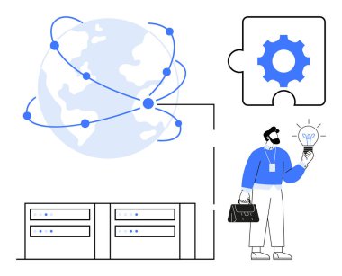 Ampul tutan kişi, bağlı noktaları olan dünya, sunucu yığınları, yapboz teçhizatı. Teknoloji, yenilik, veri, küresel iş, geliştirme bilişim çözümleri için ideal basit düz metafor