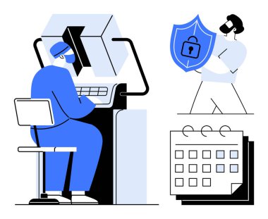 Bireysel koruma için kalkanı kilitli tutarken bilgisayar işçisi de veri güvenliğini sağlıyor. Takvim planlama gerektirir. Teknoloji, güvenlik, gizlilik, veri yönetimi ve programlama için ideal