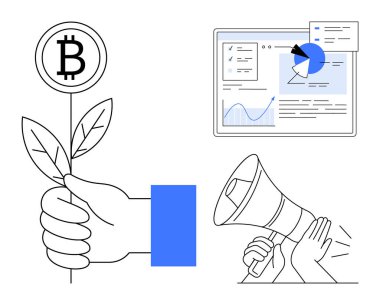 Bir el tarafından tutulan Bitcoin fabrikası, promosyonu temsil eden bir megafon ve veri analizlerini gösteren bir ekran. Kripto para birimi, finans, dijital ekonomi, pazarlama, yatırım, büyüme stratejileri için ideal