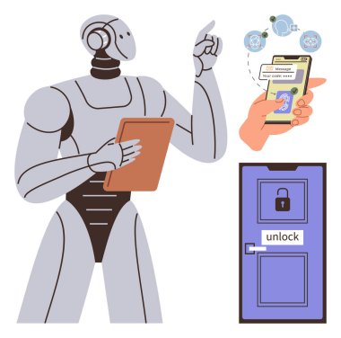 Modern robot tabletteki verileri analiz eder, el taraması telefonla bilgi açar, dijital kilit sistemi erişimi güvence altına alır. Yapay zeka, otomasyon, siber güvenlik, biyometri, yenilik, gelecek için ideal