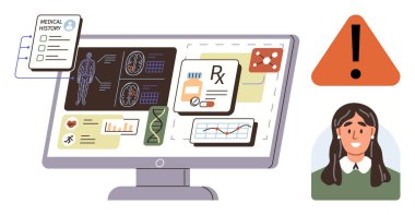 Bilgisayar ekranında tıbbi raporlar, taramalar, genom verileri ve sağlık hizmetleri bir doktor ikonu ile birlikte görülüyor. Teletıp, tanı, hasta yönetimi, sağlık izleme ve veri için ideal