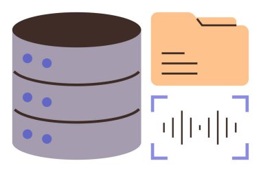 Yığın sunucu, dosya dizini ve ses dalgası görselleştirmesi veri depolama, organizasyon ve işlemeyi vurguluyor. Teknoloji, veritabanı yönetimi, bulut hesaplama, dijital bilgi verileri için ideal