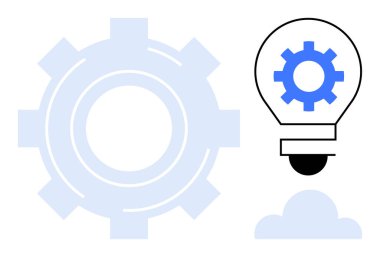 İnovasyon için vites, yenilik için ampul ve yaratıcılık için bulut. Teknoloji, fikir üretimi, takım çalışması, mekanik, strateji başlatma süreci için ideal. Modern basit düz metafor